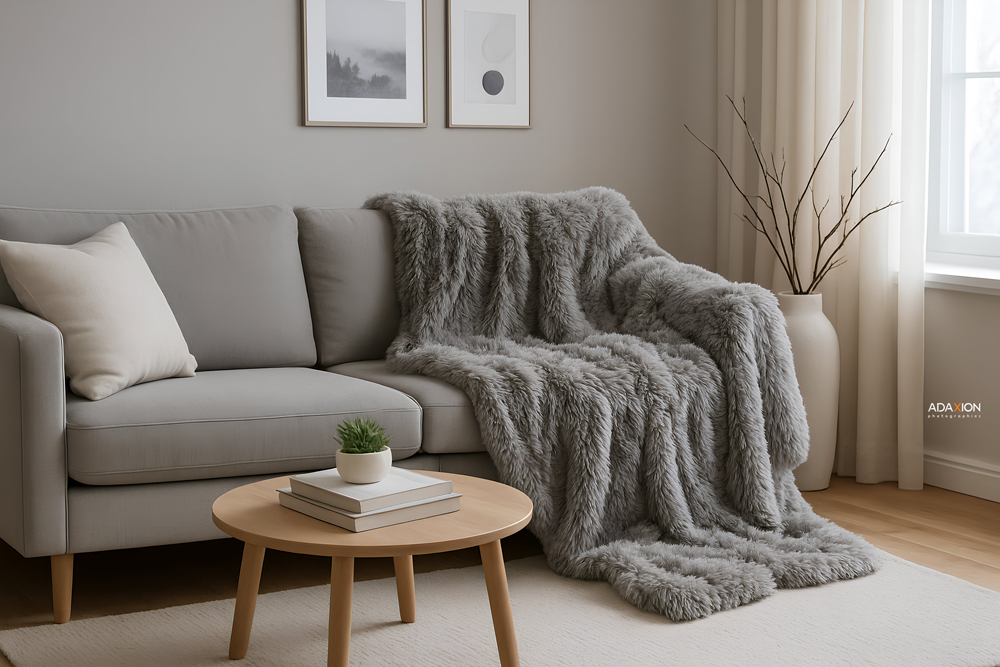 high-quality photography of couch throw cover – neutral lighting, studio setup, textile product image