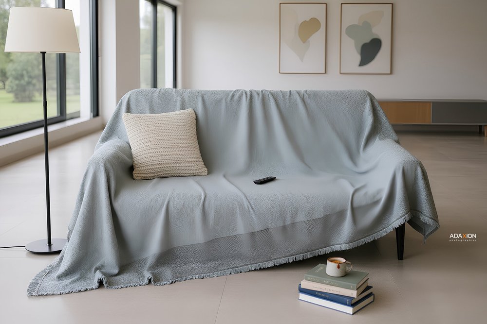 product photo of sofa cover throw – clean white background, textile detail, e-commerce image