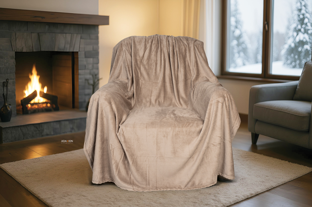 professional photoshoot of sofa throw blanket – textured fabric, detailed pattern, product photography for home textiles